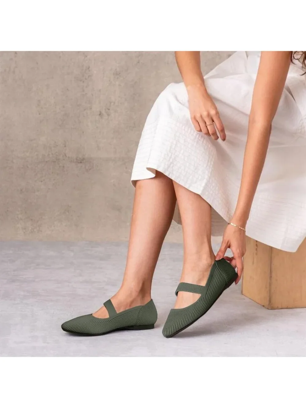 Women's Green Knit Mary Jane Flats Pointed Toe Pull On Comfortable Flats Shoes